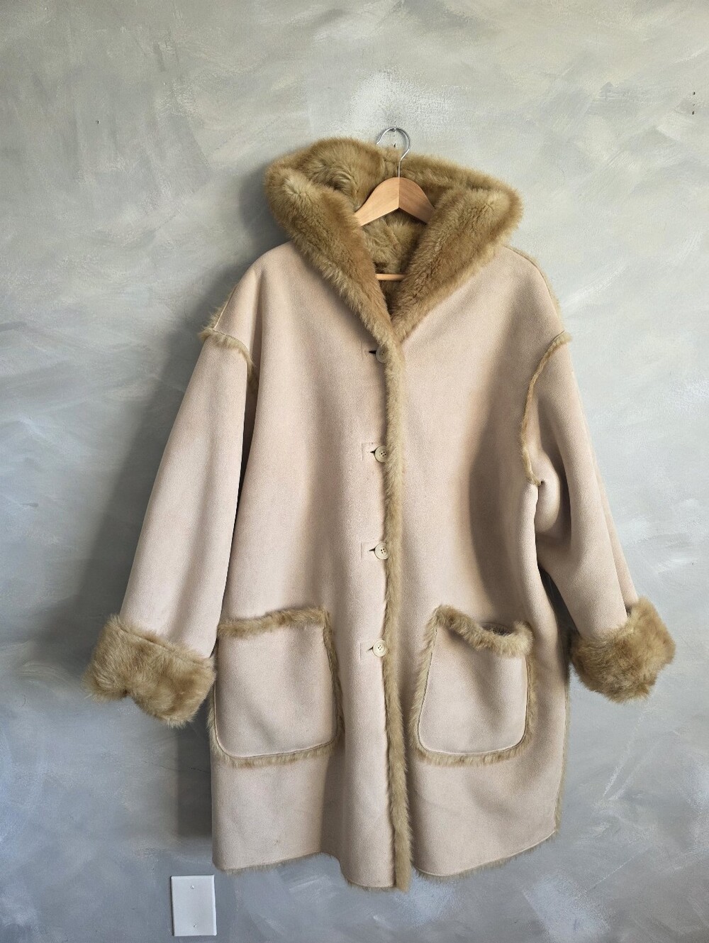 Vtg Y2K Penny Lane Plus Size Hooded Button Down Coat Faux Fur & Suede Nuetral 2X
